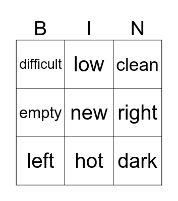 Opposite (opuesto) adjectives Bingo Card