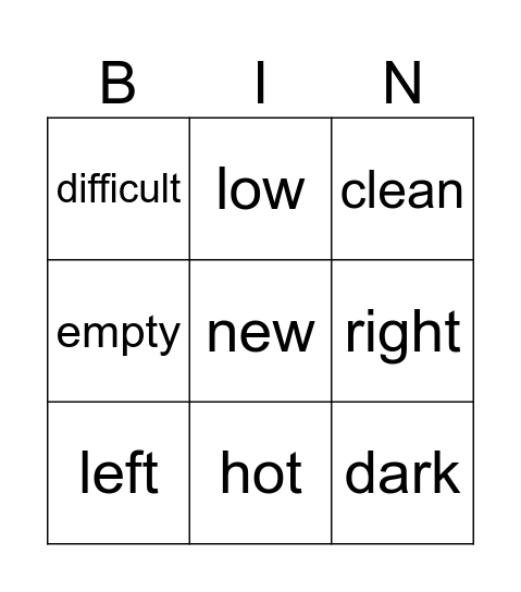 Opposite (opuesto) adjectives Bingo Card