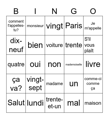 Beginner French Bingo Card