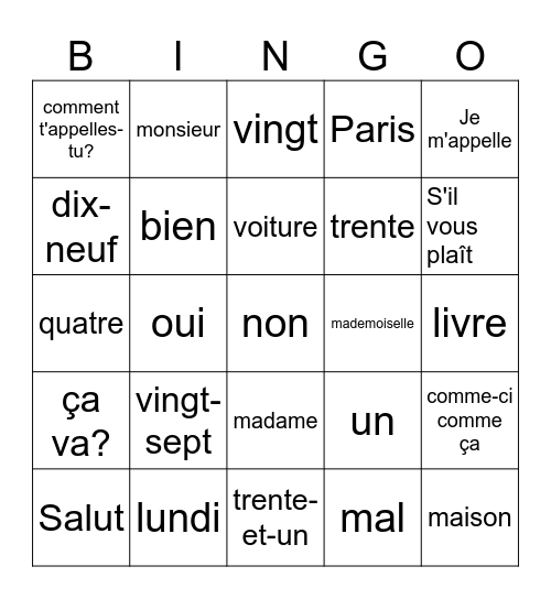 Beginner French Bingo Card