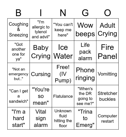 ER Sounds Bingo Card