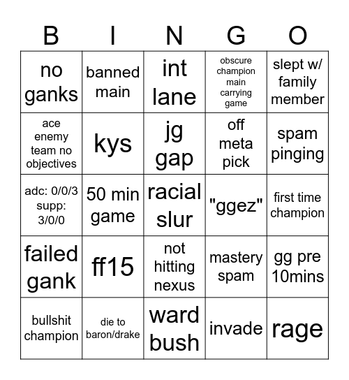 Legaue of Legends bingo Card