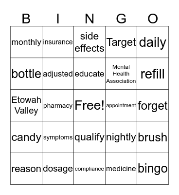 Medication Compliance Bingo Card