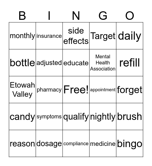 Medication Compliance Bingo Card