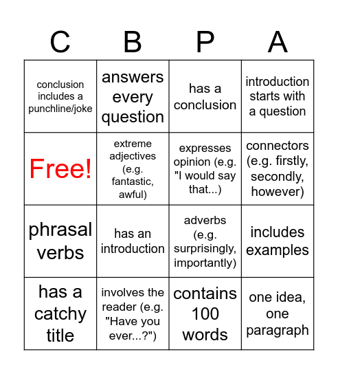 Cambridge PET Article BINGO Card