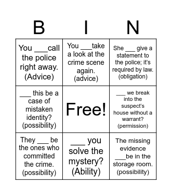 Modal Verbs Bingo Card