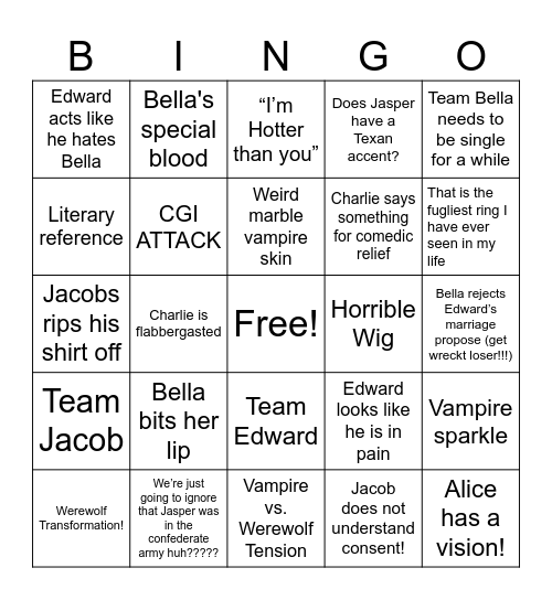 Twilight ECLIPSE Bingo Card