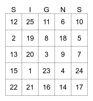 Bingo Signs Bingo Card