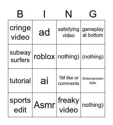 Youtube shorts Bingo Card