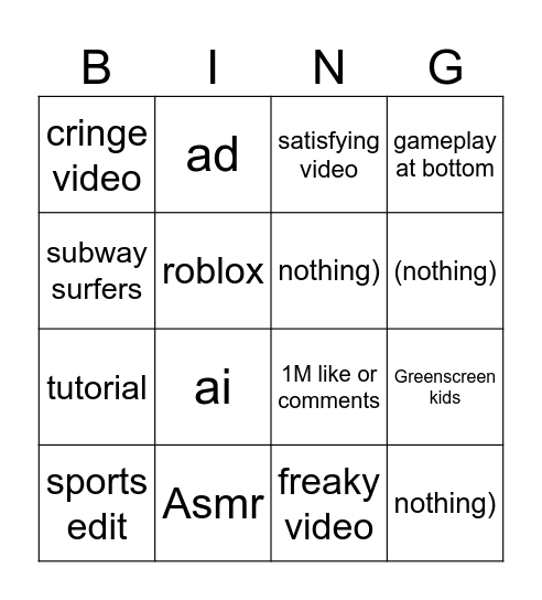 Youtube shorts Bingo Card