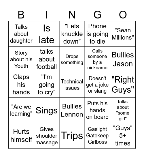 Sean Bingo Card