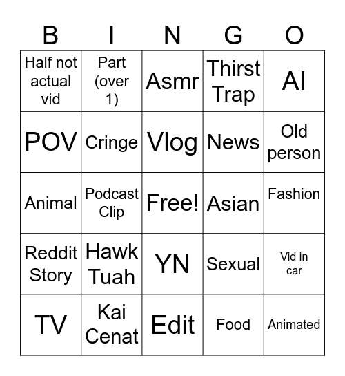 TIKTOK Bingo Card