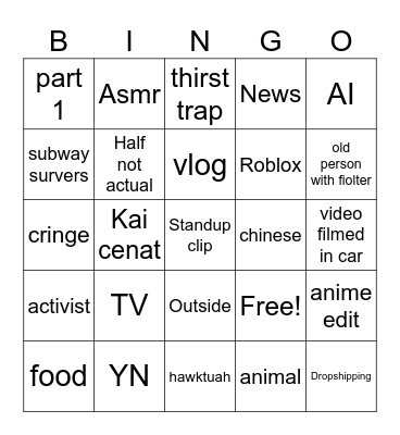 Tik tok Bingo Card