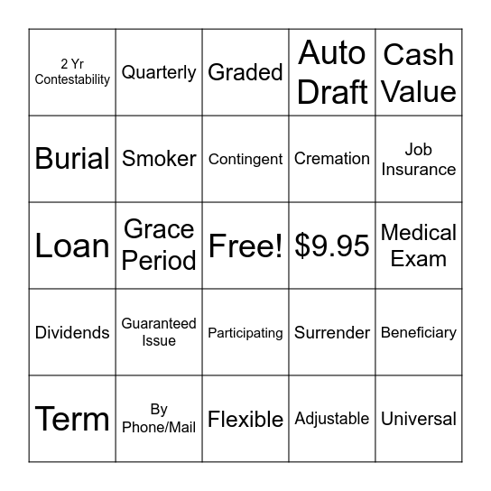 Life Insurance Bingo Card