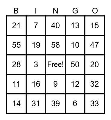 Math Facts Adding 1-60 Bingo Card