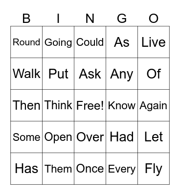 Sight Words 2 Bingo Card