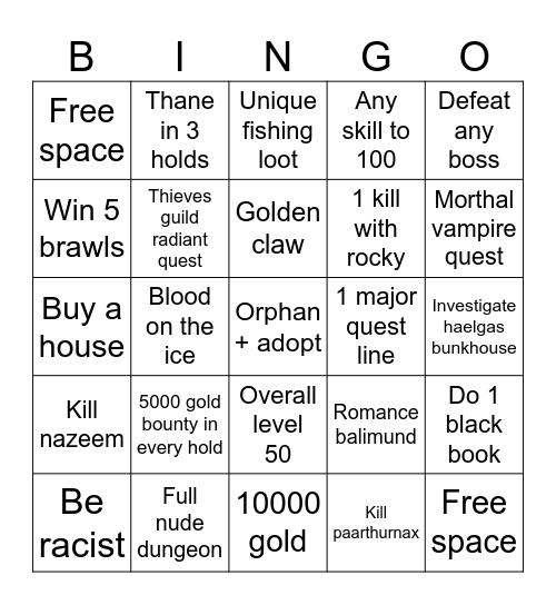 Skyrim bingo Card