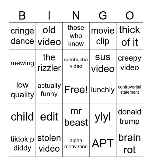 yt shorts bingo Card