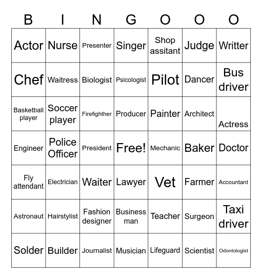 Professions and trades Bingo Card