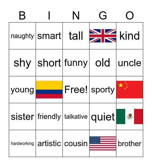 Family and Pets Bingo Card