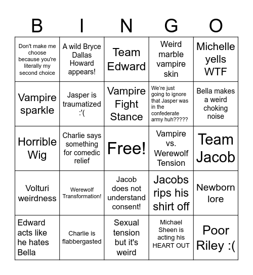 Twilight ECLIPSE Bingo Card