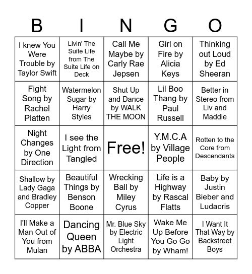 Random Song Bingo Card