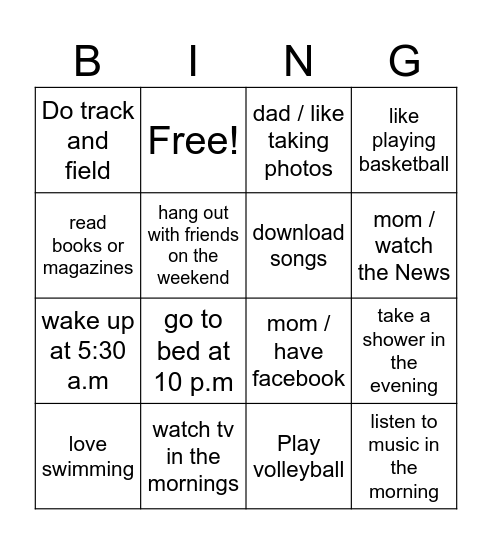 Present simple Bingo Card