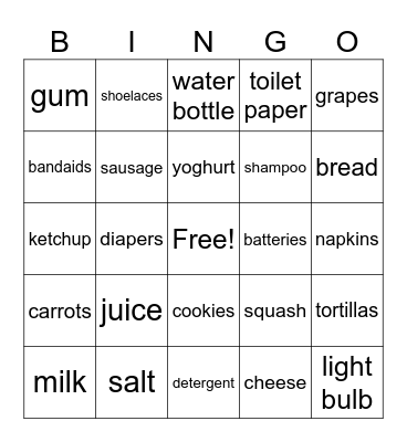 Grocery Shopping Bingo Card