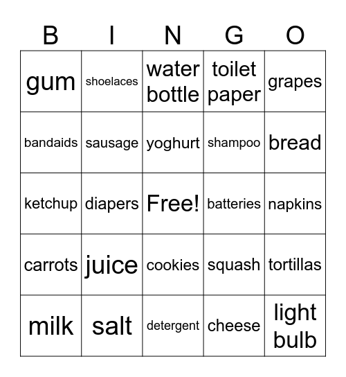 Grocery Shopping Bingo Card