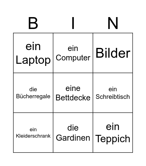 mein Zimmer Bingo Card