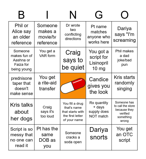 Pharmacy Bingo Card