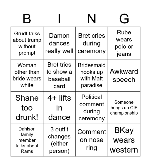 Dahlson Wedding Bingo Card