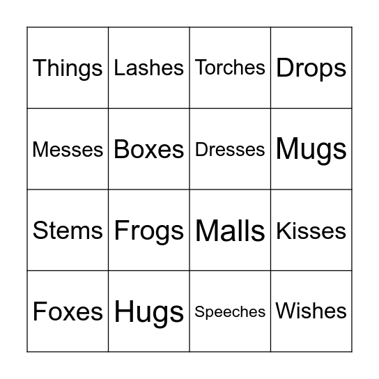 Plurals Bingo Card