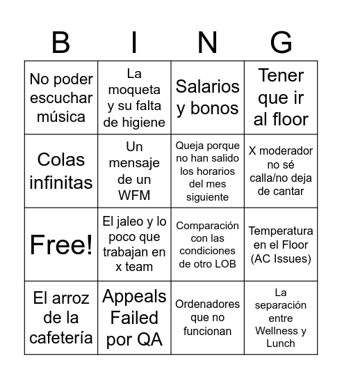 El Bingo de las quejas Bingo Card