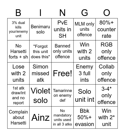 Preseason GW Bingo Card