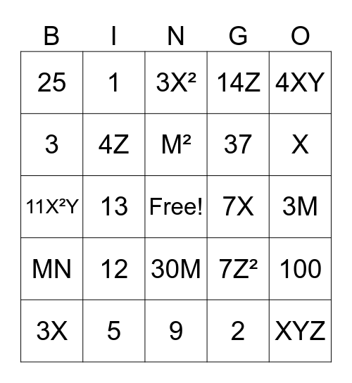 GCF Algebra Bingo Card