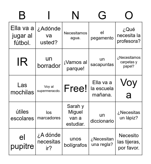 Útiles escolares, IR, y Necesitar Bingo Card