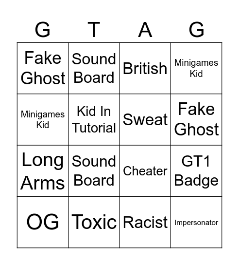 Gorilla Tag Bingo Card
