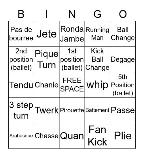 DANCE  Bingo Card