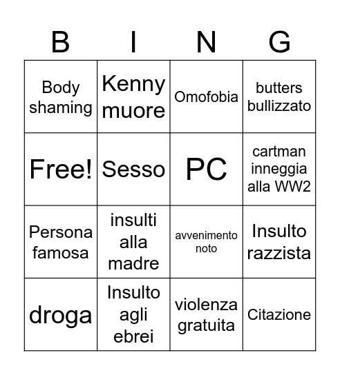 south park Bingo Card