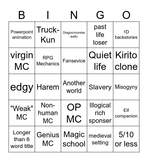 Bad isekai bingo Card