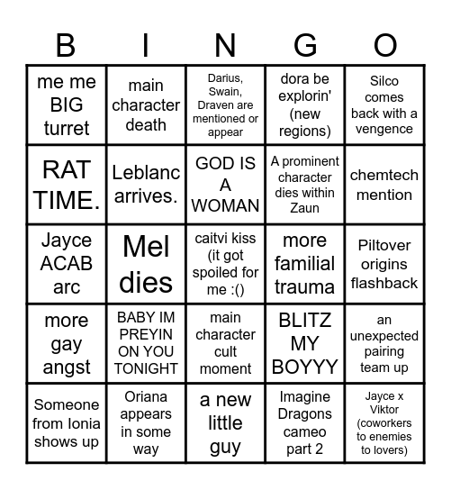 Season 2 Arcane Predictions Bingo Card