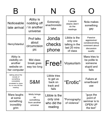 Harem History Bingo Card