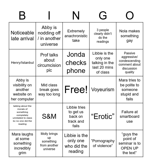 Harem History Bingo Card