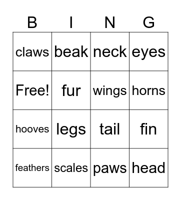 Part of animals Bingo Card