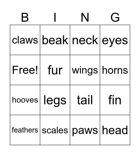 Part of animals Bingo Card