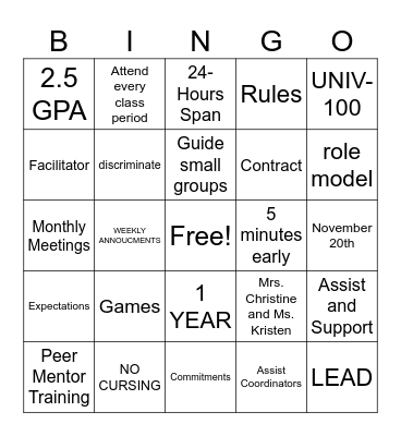 Peer Mentor Bingo Card