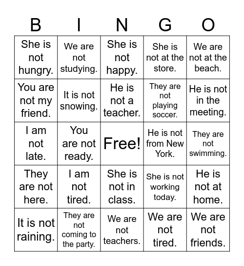 Negative Statements Bingo Card