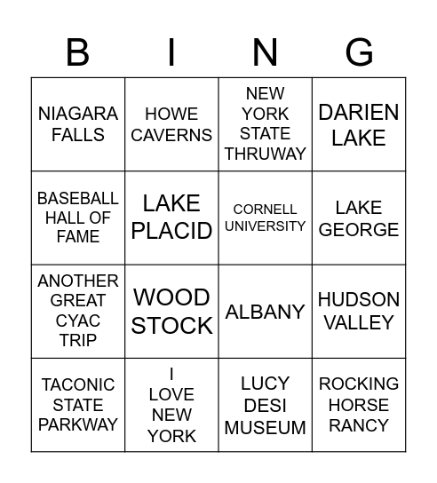 ALL THINGS UPSTATE NEW YORK Bingo Card