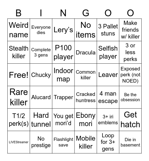 DBD Bingo Card